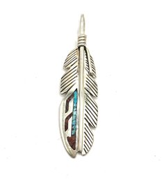 Beautiful Sterling Silver Native American Turquoise Inlay Feather Pendant