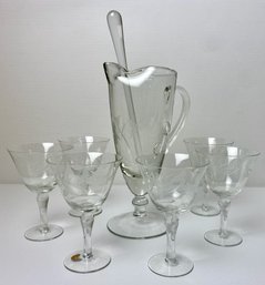 Etched Glass Romanian Pitcher And Stemware (7)