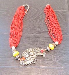 Coral Multi Strand Necklace With Statement Piece Silver Pendant