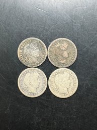 4 Barber Silver Dimes 1908, 1912, 1913, 1916