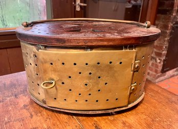 Antique Pierced Brass And Wood Vessel With Hinged Door