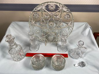 Crystal And Cut Glass Collection Platter 13.5 Candlesticks 6.5 All Very Clean Appear All Chip Free