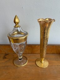 Glastonbury Lotus Daisy Fields Vase & Heisey Lidded Candy Dish Both With Genuine Gold Decoration