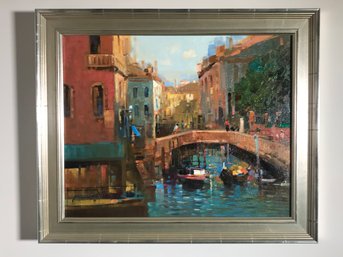 Fabulous Oil On Canvas Painting By MING FENG In Lovely Frame - Boats / Bridge / Buildings - Very Nice Piece