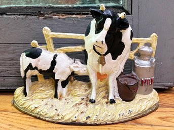 An Antique Cast Iron Cow Themed Door Stop! - Large And Lovely!