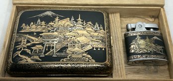 Stunning Antique TAISHO PERIOD Japanese Damascene Niello Cigarette Case- With Lighter And Fitted Box