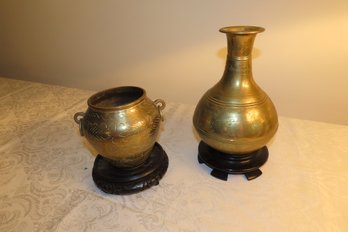 2 Brass Vessels On Wooden Stands, 10 & 7 Tall