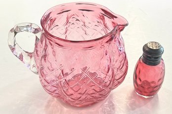 Cranberry Glass Pitcher & Salt Shaker