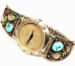 Southwestern Sterling Silver Turquoise & Coral Silver Half Dollar Wristwatch