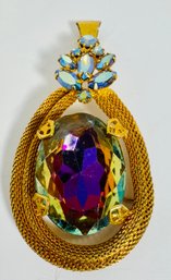 VINTAGE GOLD TONE BLUE AURORA AND WATERMELON RHINESTONE PENDANT - AS IS