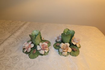 -2 Pink Flowered Porcelain Candlestick Holders, 3.5 Tall X 5 Wide