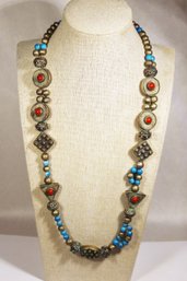 Antique Silver Ethnographic Beaded Necklace Having Turquoise & Coral