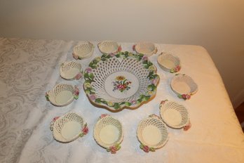 Latticed Flowered Ceramic Bowl With 11 Matching Small Bowls