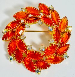 LARGE ORANGE AND AURORA RHINESTONE WREATH BROOCH