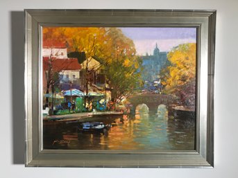 Gorgeous Oil On Canvas Painting By Listed Artist MING FENG - Autumnal Scene / Riverfront / Cafe  People