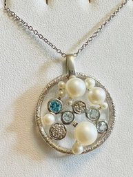 BEAUTIFUL GEMSTONE AND PEARL STERLING SILVER NECKLACE