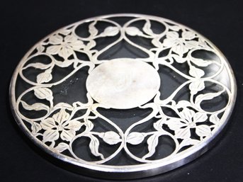 Antique Sterling Silver Overlay Glass Round Trivet