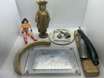 Vintage Estate Collectibles Lot- Straight Razor, Wonder Woman, Boar's Tusk, Willie Mays Button, Autograph