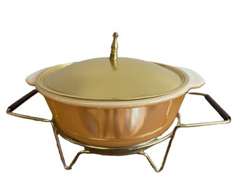 Anchor Hocking Fire King Peach Lusterware 2 Qt. Casserole With Lid & Working Electrical Warming Stand