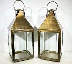 A Pair Of Large Modern Lanterns With Antique Brass Finish - A