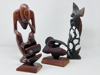 Modernist Free Form Wooden Thinker Man, Carved Bird Figurine And Two Barbados Mahogany Abstract Sculptures