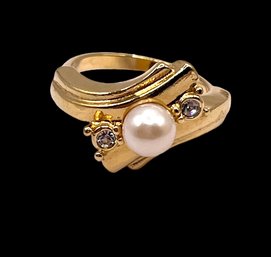 Vintage Rhinestone And Pearl Color Bead Ring, Size 5.75