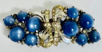 VINTAGE SILVER TONE DUETTE BLUE MOON GLOW AND RHINESTONE BROOCH