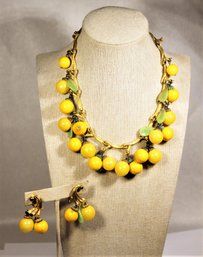 Vintage Gold Tone Necklace And Earrings Yellow Plastic And Green Blown Glass