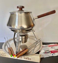 MCM International Decorator Stainless 5pc Fondue Set, 4 Oster Forks, 3 Cans Of Sterno  (read Description)