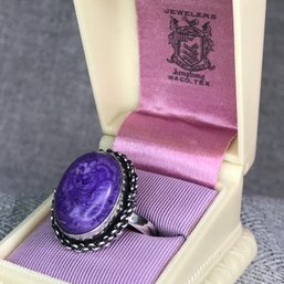 Fantastic Large 925 / Sterling Silver Cocktail Ring With Russian Charoite - Very Pretty Ring - Chain Details