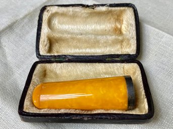 Antique Cigar Holder, Amber Bakelite With Silver Rim In Original Case
