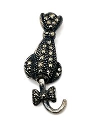 Vintage Sterling Silver Marcasite Cat With Moving Tale Brooch/pin