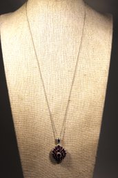 Palladium Sterling Silver Pendant W Garnets On 20' Long Sterling Silver Chain