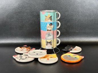 Whimsical Cat-Themed Mugs With Stand By Pier 1 & Cat Coasters In Glazed Ceramic