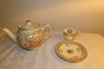 Sadler Teapot And Staffordshire Tea Cup And Saucer, Sugar & Creamer With Lobster Motif