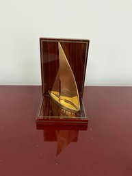 Brass Sailboat Sculpture Mounted On Polish Wood Stand - Bookend Look