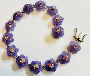 SIGNED D'JOY STERLING SIVER PURPLE STONE MULTI GEMSTONE FLOWER BRACELET