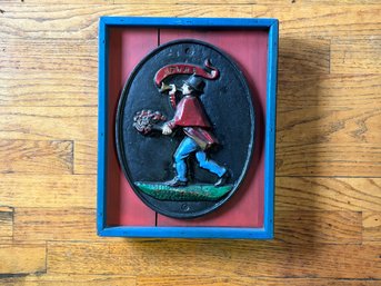 An Antique Cast Iron Wall Plaque Framed In Wood Shadow Box - Firefighter Themed