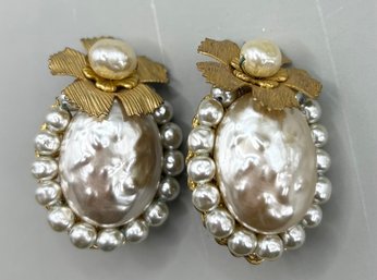 Miriam Haskell Faux Pearl Clip On Earrings