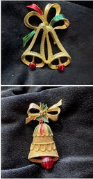 2 Vintage Holiday Bell Brooches