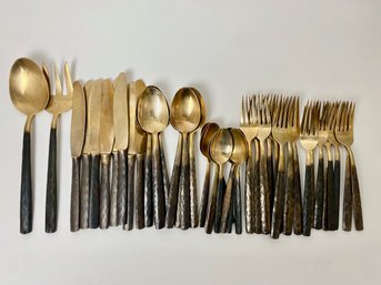 Vintage Hammered Brass Flatware For 8 (42 Pieces)