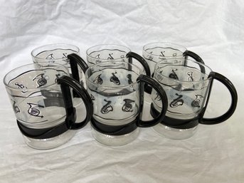 Set Of 6 Randwyck Maastricht Holland Music Motif Glass Cups Plastic Handle 3.5' No Chips