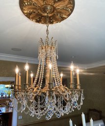 A 10 Arms Brass And Crystal Dining Room Chandelier