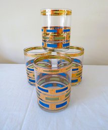 4 Mid-Century Modern Culver Highball Gold And Blue Express Glasses