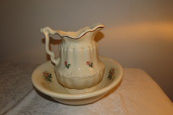 Bowl & Pitcher Set With Pink Roses.  Pitcher: 10 Tall X 9 Wide.  Bowl: 4 Tall, 13 Diam.