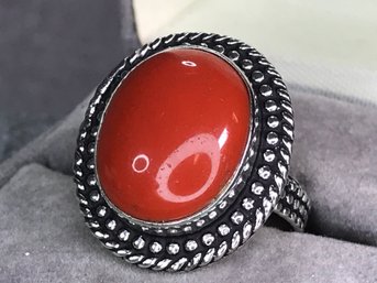 Fantastic 925 / Sterling Silver Cocktail Ring With Highly Polished Red Coral Cabochon - Very Nice Ring !