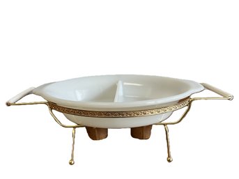 Fire King Divided Milk Glass Chafing Dish With Stand