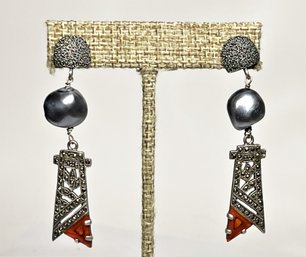 Contemporary Sterling Silver Large Tahitian Pearl, Marcasite And Carnelian Pierced Earrings