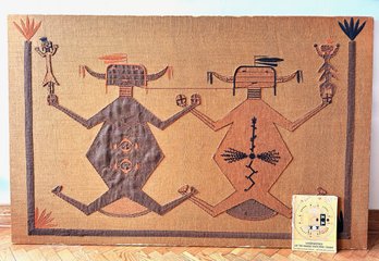 Vintage Original Embroidery On Burlap, Reproduction Of Navajo Sandpainting With Book