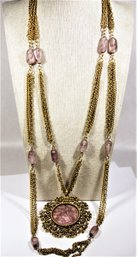 Vintage Gold Tone Fancy Double Strand Necklace Large Intaglio Amethyst Glass Cameo Pendant